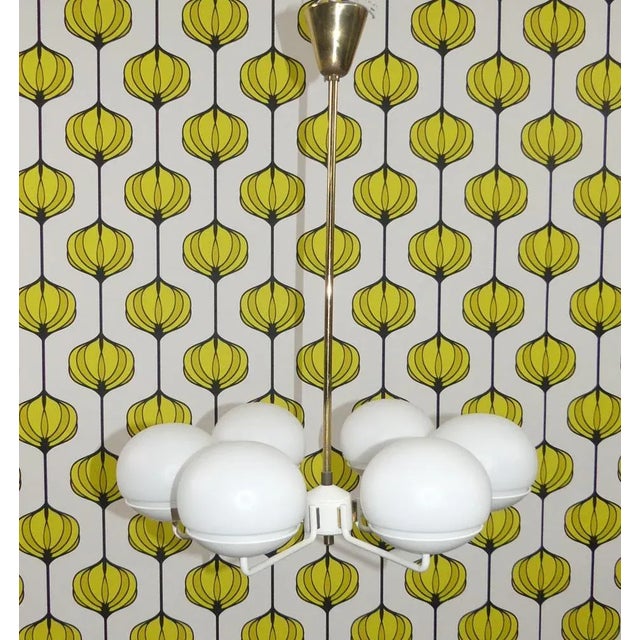 Chandelier in White Metal and Brass with 6 Opal Glass Domes, 1960s For Sale - Image 9 of 9