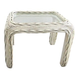 1970s Vintage Distressed White Twisted Rattan Side Table With Original Glass For Sale