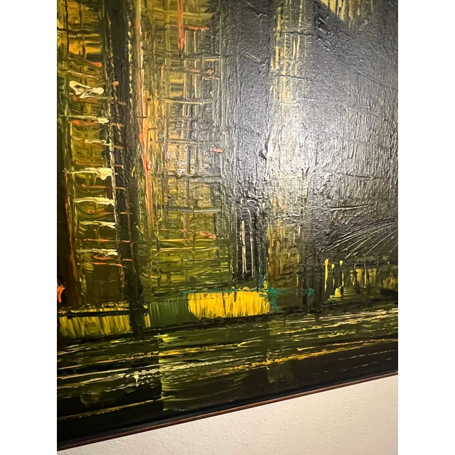Vintage Lee Reynolds Cityscape Painting Mid Century Modern | Abstract Yellow Green Impasto Oil Canvas MCM Wall Art | Vanguard Studios Signed For Sale - Image 9 of 9