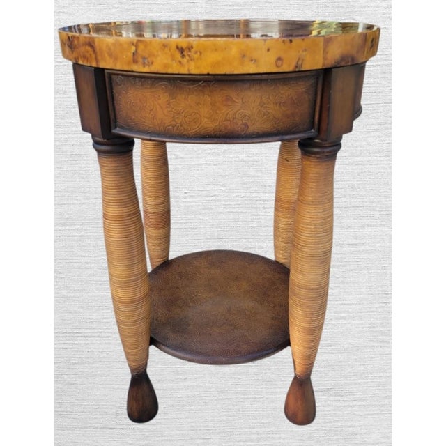 Wood Vintage Theodore Alexander Style Pen Shell Leather Rattan Round Side Table For Sale - Image 7 of 8