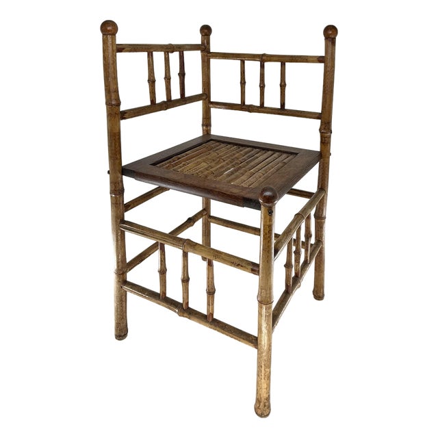 Antique English Burnt Bamboo Corner Chair or Shelf. For Sale