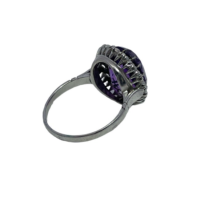 Mid 20th Century Mid 20th Century 10k White Gold Oval Amethyst and Diamond Halo Ring, Size 6.5 For Sale - Image 5 of 9