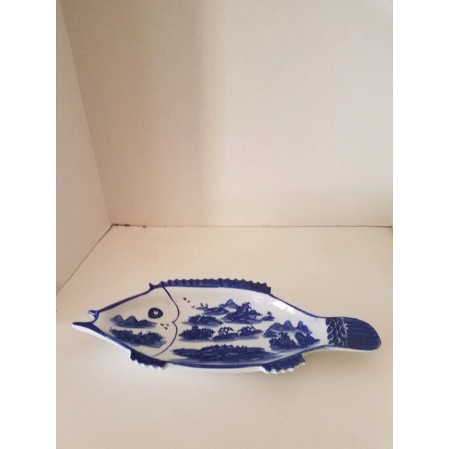 Paint Vintage Hand-Painted Blue & White Large Fish Dish For Sale - Image 7 of 7