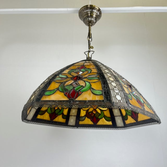 1970s Tiffany Stained Glass Pendant Light, 1960s For Sale - Image 5 of 16