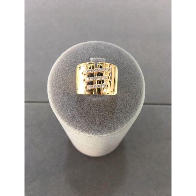 Brilliant Cut Diamond Pave Seams Line Cross Chunky Cocktail Statement Cigar Band 14 Karat Yellow Gold Unique Fashion Solid...