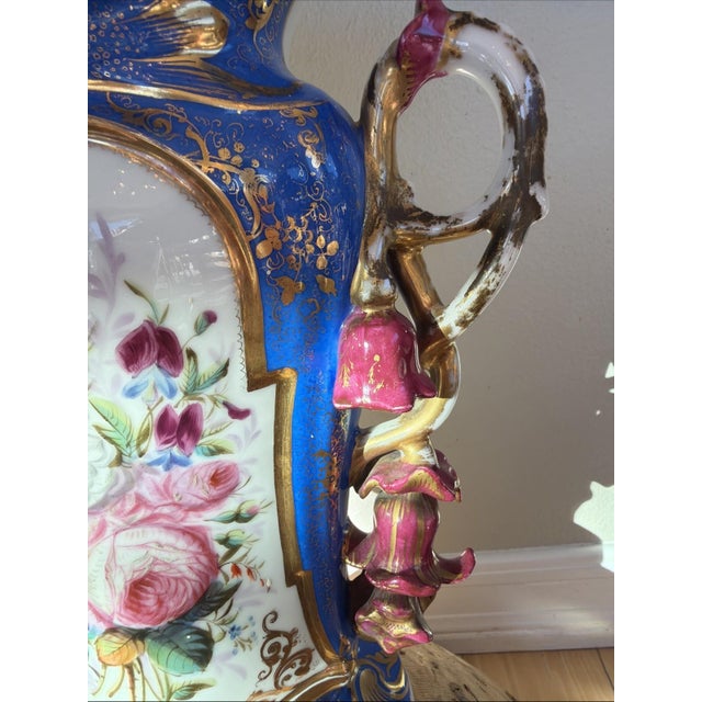Victorian Large 19th C Bohemian Porcelain Vase Cobalt Blue Gold Floral Rococo 18” For Sale - Image 3 of 8