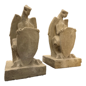 1920s–30s Winged Griffon Gargoyles With Shields - Set of 2