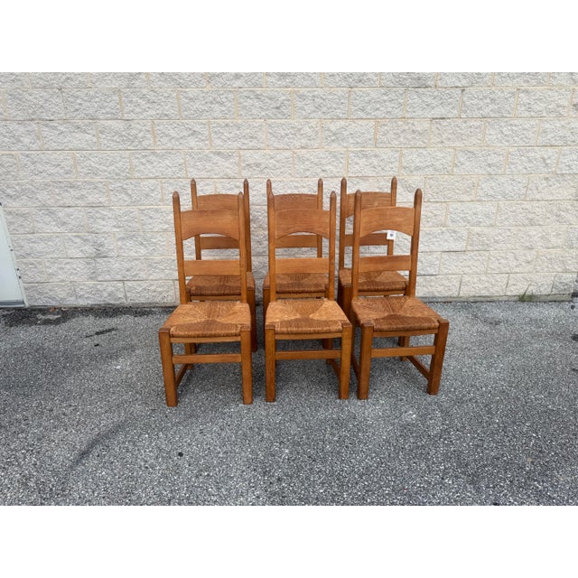 1950s French Oak & Rush Ladder-Back Dining Chairs - Set of Six For Sale - Image 4 of 13