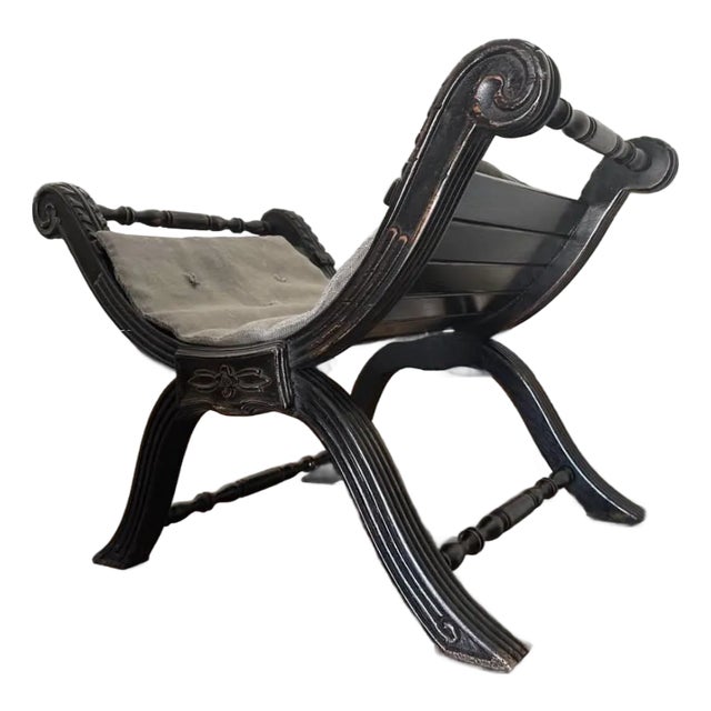 Vintage Hand Carved Oak Stool With Belgian Linen Cushion Restoration Hardware For Sale