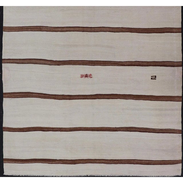 Brown Mid 20th Century Turkish Vintage Flat-Weave in Light Brown and Cream With Stripe Design For Sale - Image 8 of 11