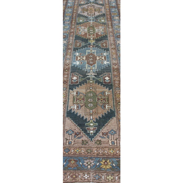 Blue Antique Persian Hamadan Runner With Angular Medallion Design in Soft Blue, Green For Sale - Image 8 of 12