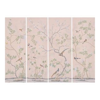Handpainted Silk Wallpaper, Chinoiserie Birds and Bamboo, Chinoiserie Handmade Wallpaper Mural - Set of 4 For Sale