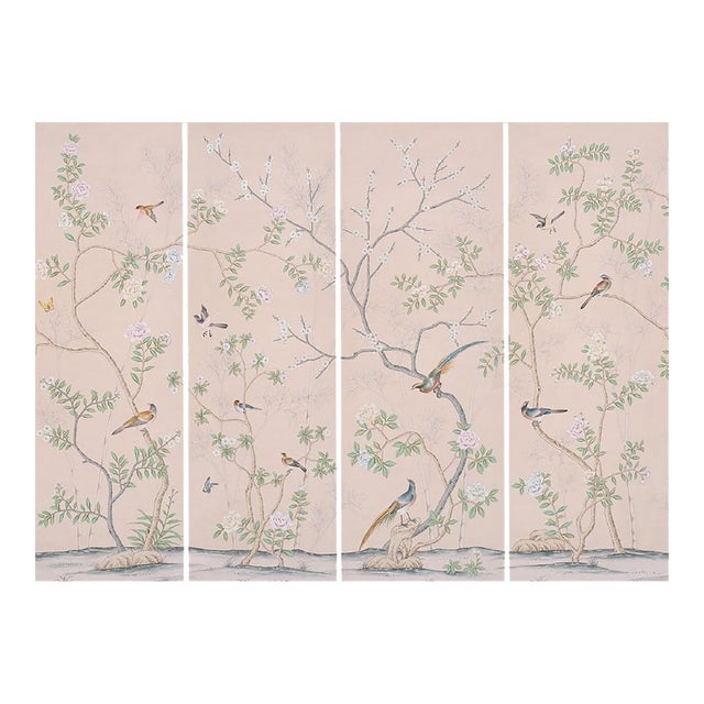Handpainted Silk Wallpaper, Chinoiserie Birds and Bamboo, Chinoiserie Handmade Wallpaper Mural - Set of 4 For Sale