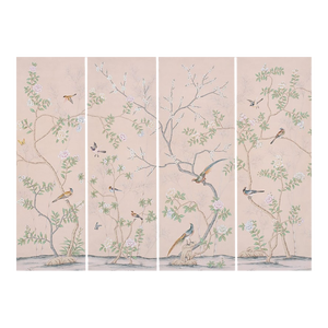 Handpainted Silk Wallpaper, Chinoiserie Birds and Bamboo, Chinoiserie Handmade Wallpaper Mural - Set of 4