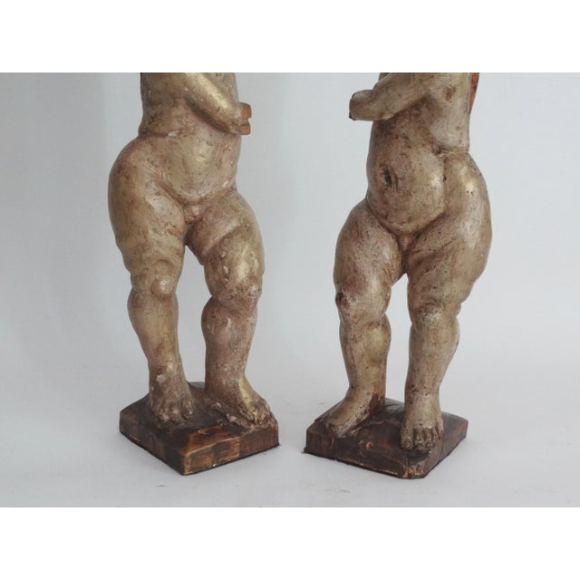 Antique Italian Carved Wood Gilt Putti Angels Sculptures, S/2 For Sale - Image 4 of 11