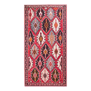 1900s Red Geometric Antique Caucasian Kilim Rug 6'0" X 11'8" Knotted Wool Carpet For Sale