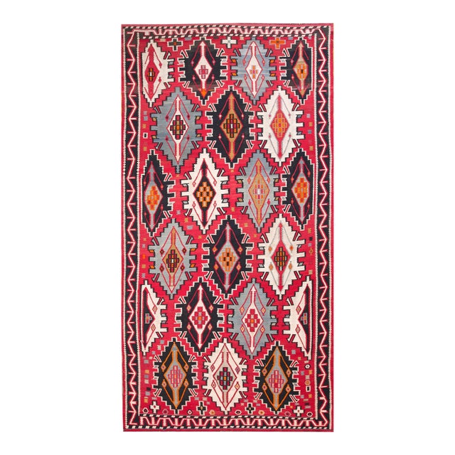 1900s Red Geometric Antique Caucasian Kilim Rug 6'0" X 11'8" Knotted Wool Carpet For Sale