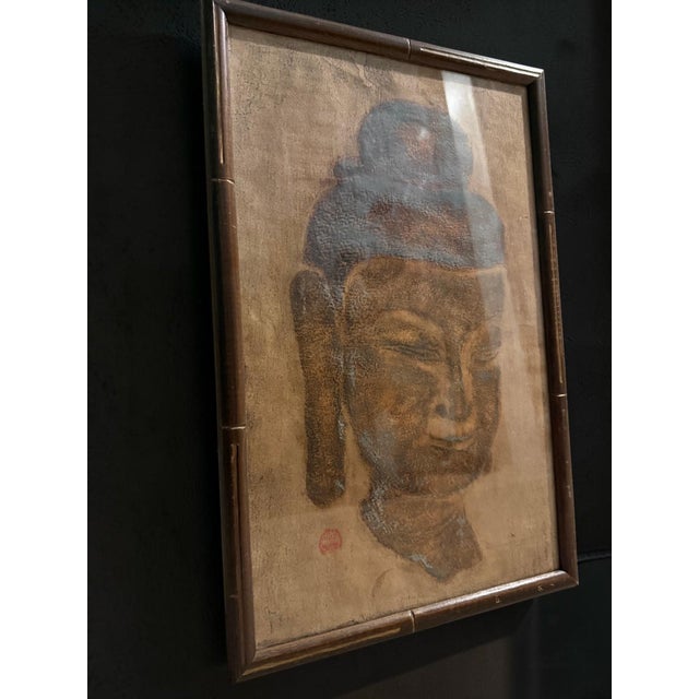 Contemporary Vintage Framed Buddha Temple Stone Rubbing Art With Red Seal & Bamboo-Style Frame For Sale - Image 3 of 11