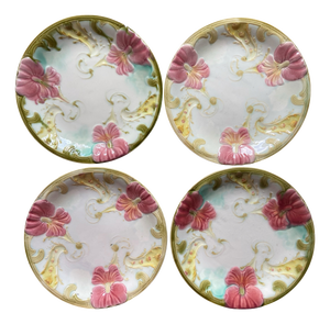 Antique French Art Nouveau Majolica Pansy Flower Plates from Luneville, 1890s, Set of 4