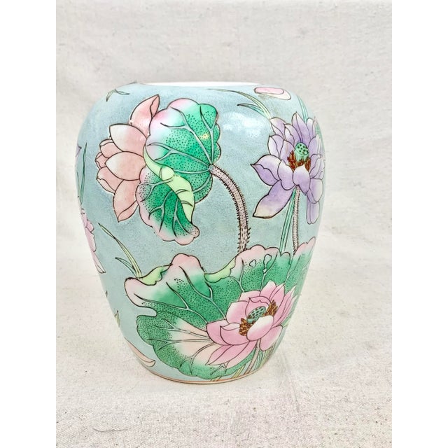 Vintage Late 20th Century Pastel Waterlily Chinoiserie Vase For Sale - Image 4 of 13