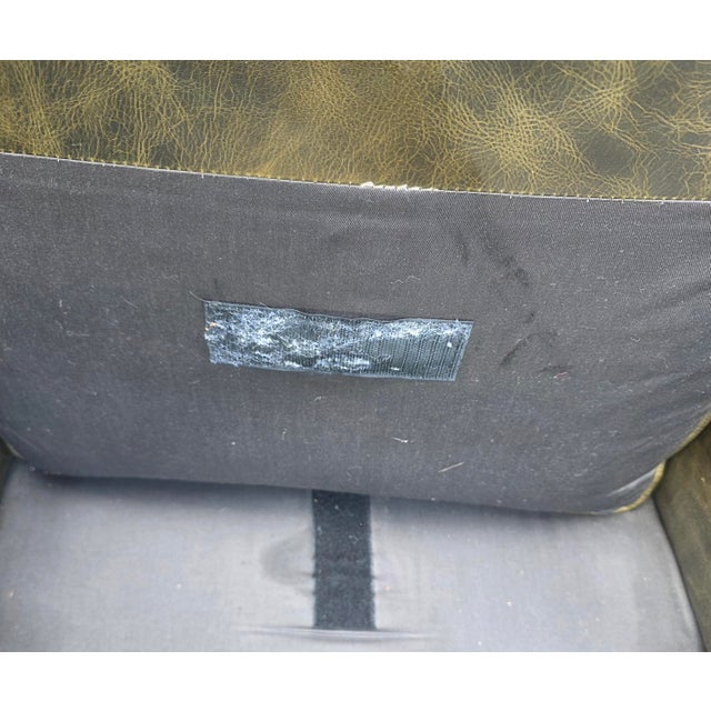 Vintage English Georgian Style Distressed Olive Green Leather Wingback Library Armchair With Ball & Claw Feet For Sale - Image 10 of 12