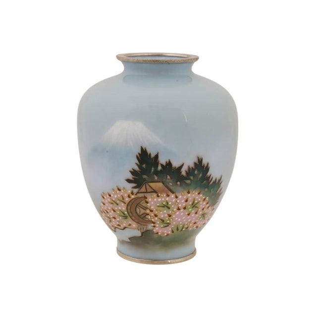 Japanese Cloisonne Enamel Vase W Mount Fuji Landscape For Sale - Image 4 of 7