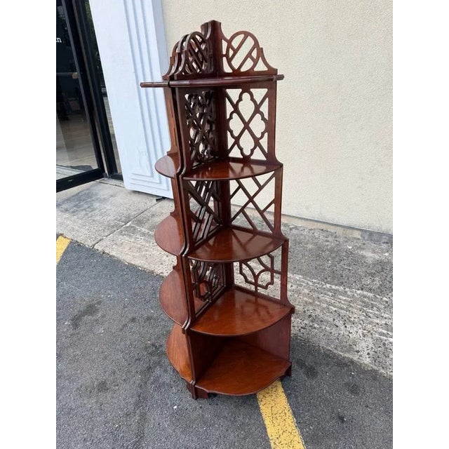 English Pair of Hand Carved Fretwork Mahogany Corner Shelfs Bookcases Etageres For Sale - Image 3 of 11