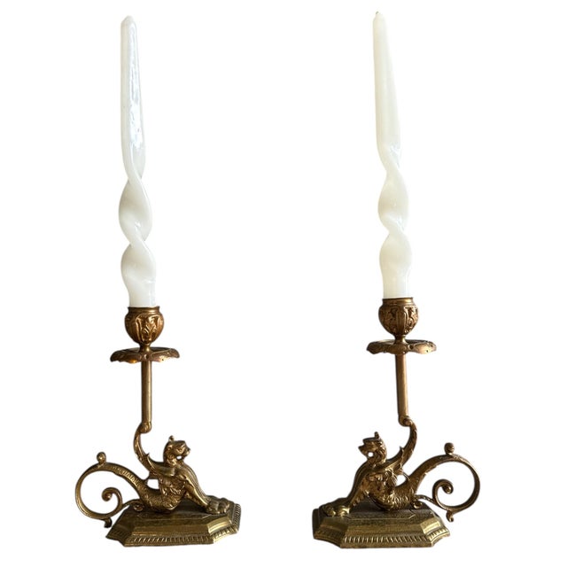 French Late 19th Century French Neoclassical Brass Griffin Candlesticks – A Pair For Sale - Image 3 of 7