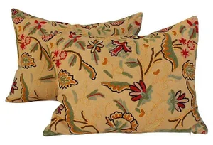 English Crewelwork Floral Pillows - A Pair