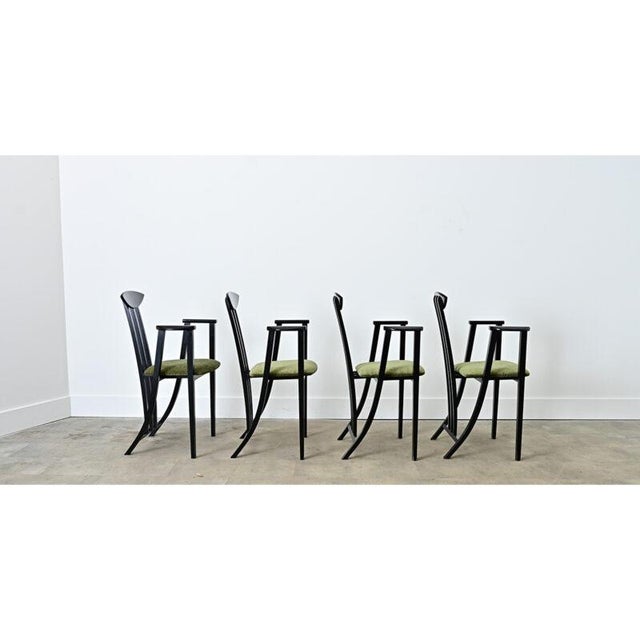 Late 20th Century Italian Vintage Set of Four Ebonized Upholstered Armchairs For Sale - Image 4 of 13
