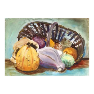 1950s "Still Life with Squash and Basket P5.62" Watercolor Painting by Eve Nethercott