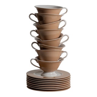 Brown and Ecru Teacups and Saucers, Set of 8 For Sale