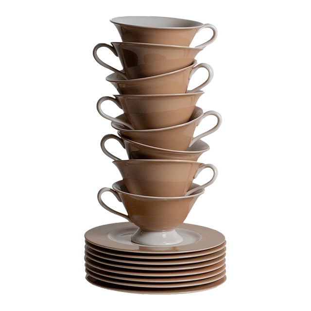 Brown and Ecru Teacups and Saucers, Set of 8 For Sale