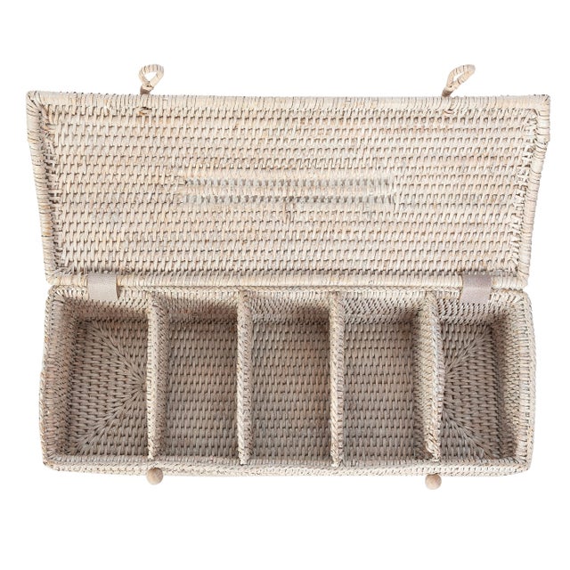 Boho Chic Artifacts Rattan 5 Section Tea Box with Lid in White For Sale - Image 3 of 4