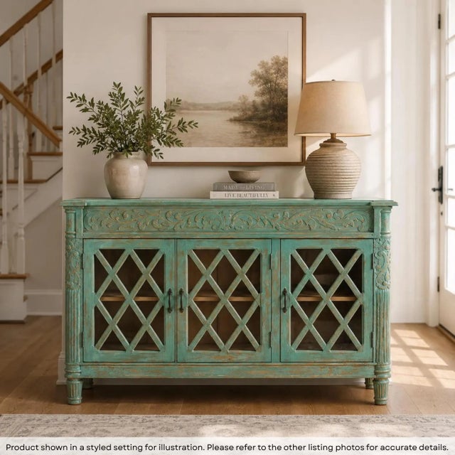 Dimensions: 60" W X 18" D X 39" H Features: • 100% solid wood • Glass inset in doors • Entirely handmade by expert...