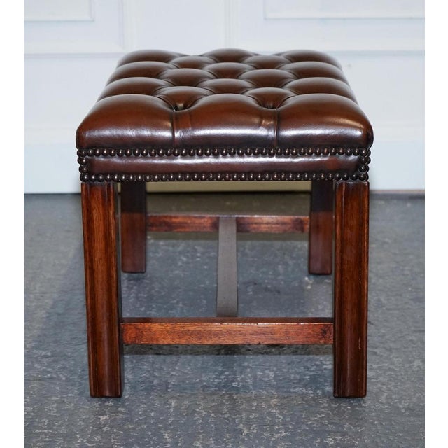Vintage Chesterfield Hand Dyed Brown Leather Tuffed Footstool For Sale - Image 10 of 18