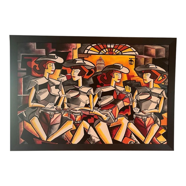 Large Signed Contemporary Neo-Cubist Musicians Painting, 56.5” For Sale