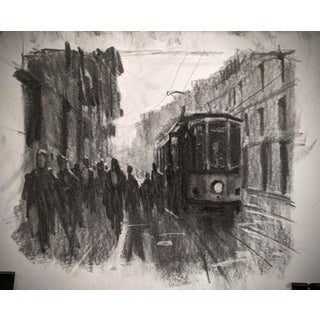 Sketch: Milan, Italy by Christopher Clark | Charcoal and acrylic on paper city scene with tram For Sale