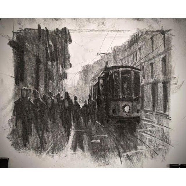Sketch: Milan, Italy by Christopher Clark | Charcoal and acrylic on paper city scene with tram For Sale