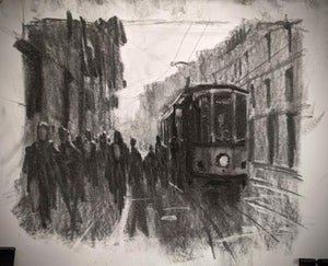 Sketch: Milan, Italy by Christopher Clark | Charcoal and acrylic on paper city scene with tram