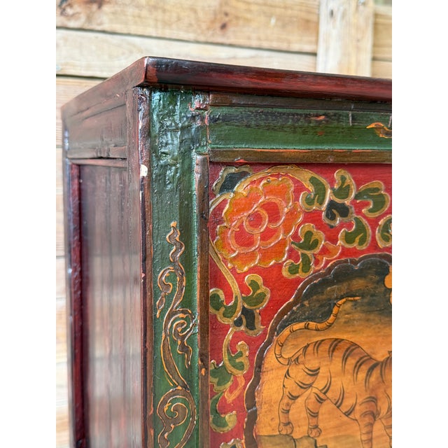 Printmaking Materials Vintage Tibetan Polychrome Painted Cabinet With Animal and Floral Panels For Sale - Image 7 of 12