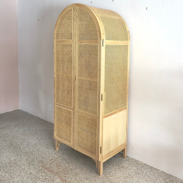 Contemporary Boho-Chic Arched Natural Rattan & Solid Wood Double-Door Wardrobe Armoire For Sale - Image 3 of 18