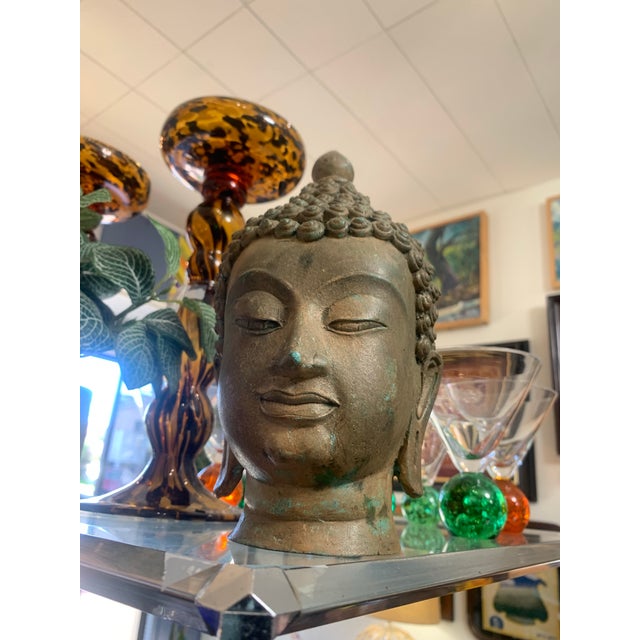 Asian Antique Bronze Buddha Head Bust – 8.5” Tall With Natural Patina For Sale - Image 3 of 12