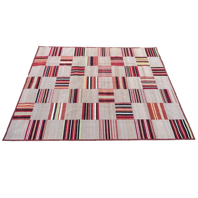 Cotton Vegetable Dyed Beige & Red Tile Pattern Reversible Rug - 6'x9' These special flat-weave dhurries are hand-woven...