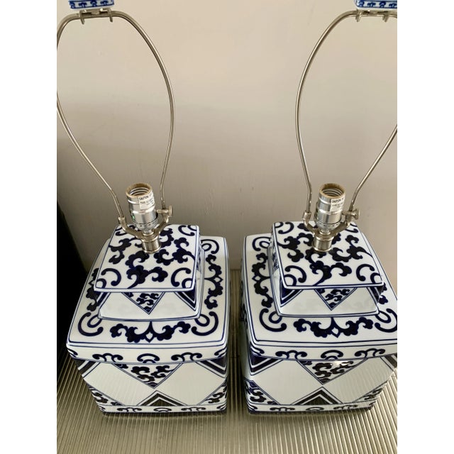 Late 20th Century Chinoiserie Square Blue White Table Lamps - A Pair For Sale - Image 5 of 8