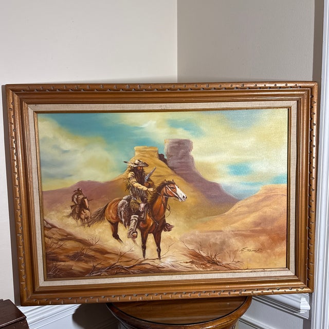 Brown Vintage Western Cowboy Desert Landscape Painting Framed ~ Signed w.m. Steiner For Sale - Image 8 of 10