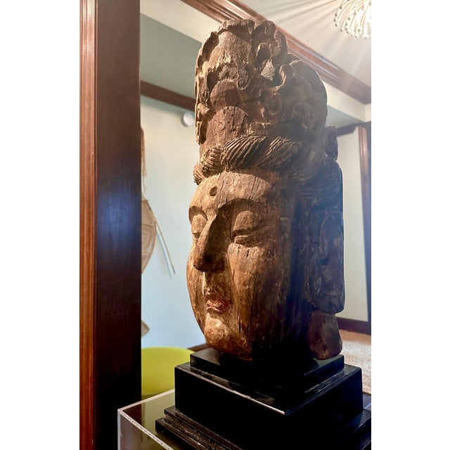 Large Wood Sculpture of Boddhisatva Head Ming Dynasty For Sale - Image 14 of 17