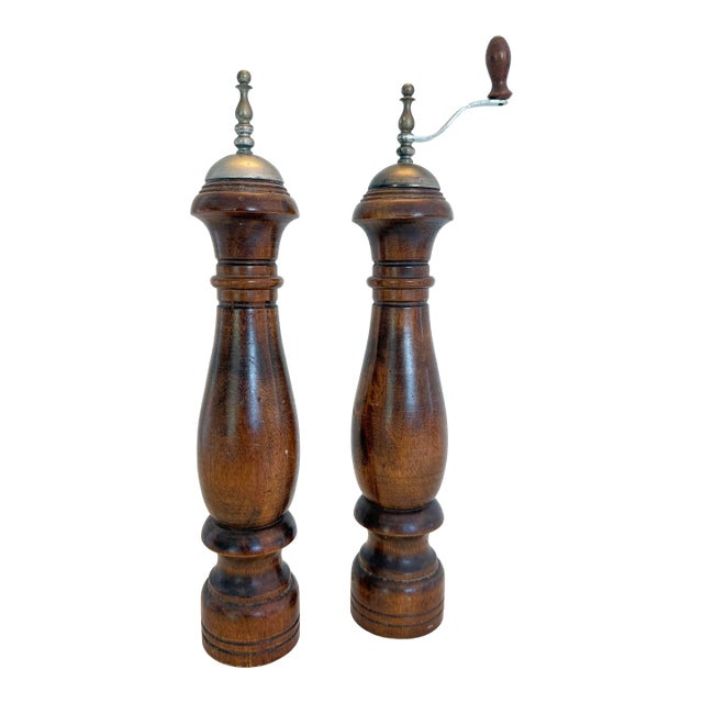 1960s Woodcrest Creation Wooden Salt Shaker and Pepper Grinder 14" - a Pair For Sale