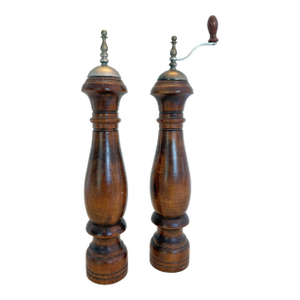 1960s Woodcrest Creation Wooden Salt Shaker and Pepper Grinder 14" - a Pair