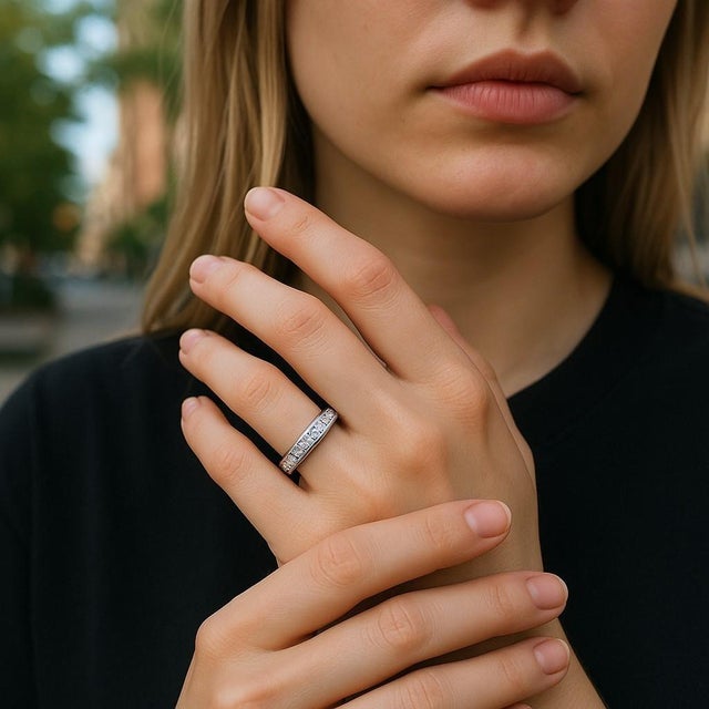 Modern Platinum Princess Diamond 2.75 Carat Eternity 3.5 Millimeter Wide Band Size 6 For Sale - Image 3 of 4